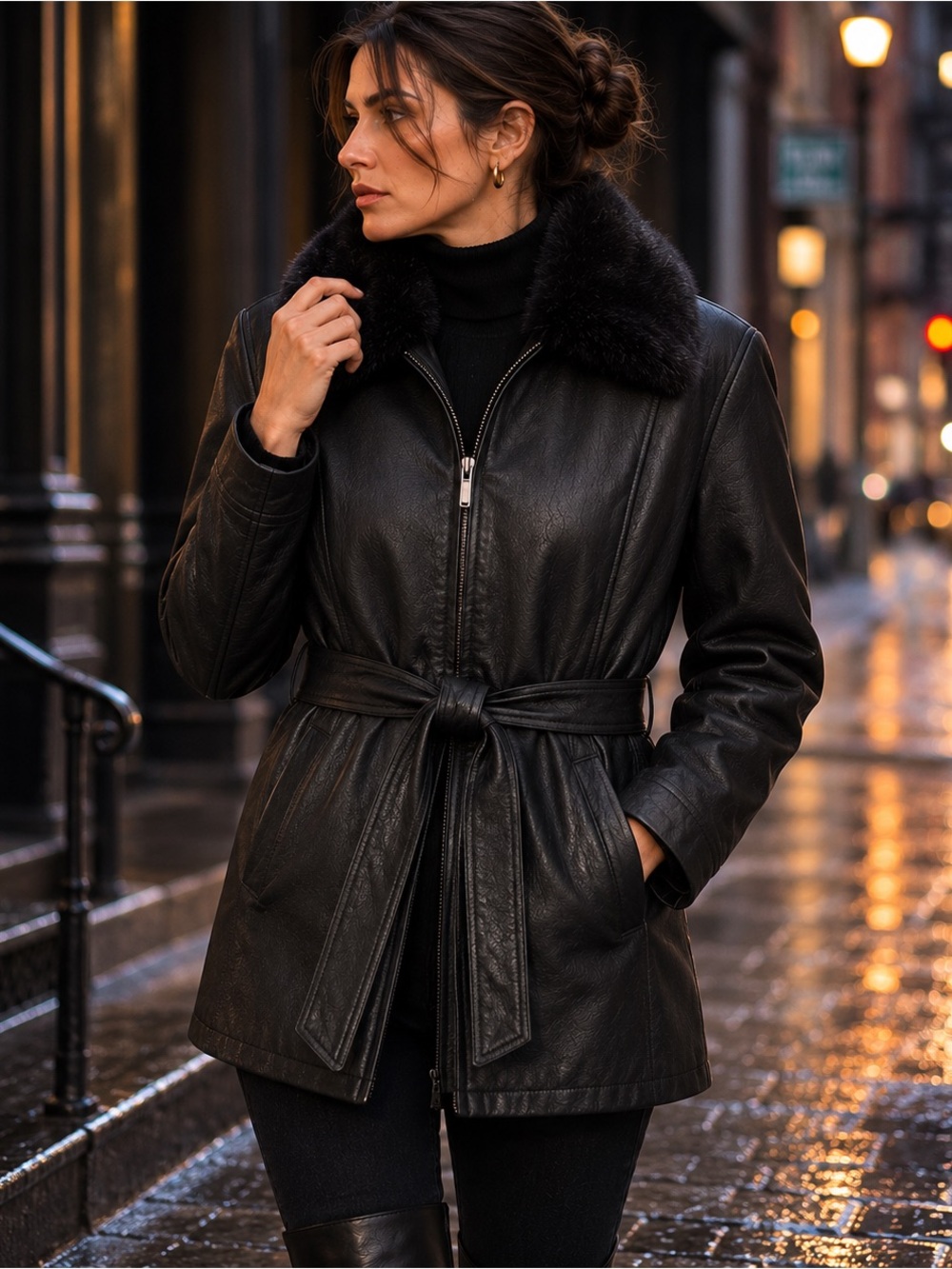 Timothy Daniels Genuine Leather Jacket L Black Belted Detachable Fur Collar Coat